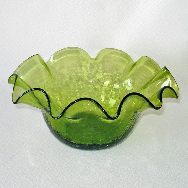 Olive Green Crackle Glass Ruffled Bowl #2