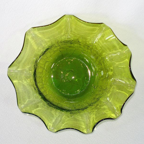 Olive Green Crackle Glass Ruffled Bowl #3