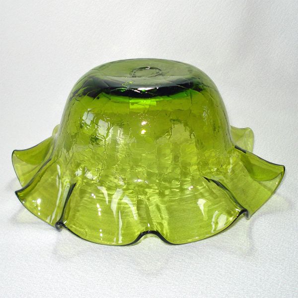 Olive Green Crackle Glass Ruffled Bowl #4