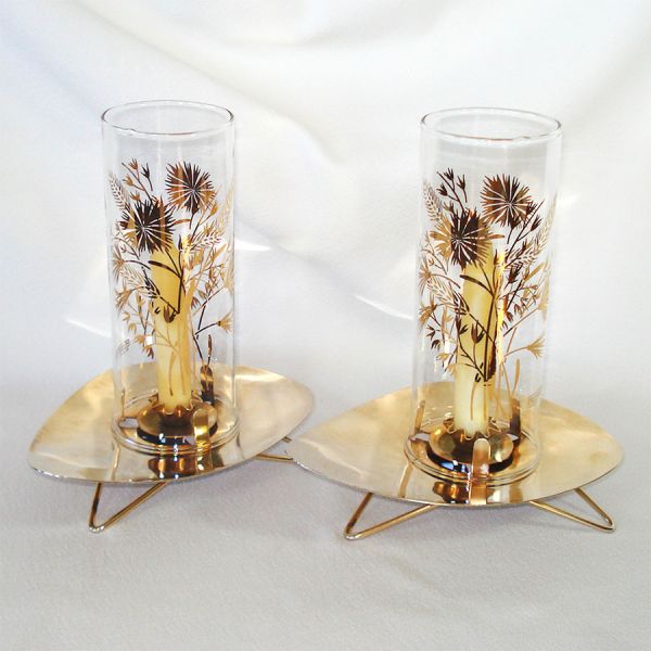 22k Glass Brass 1960s Hurricane Candle Lamps in Original Box #3