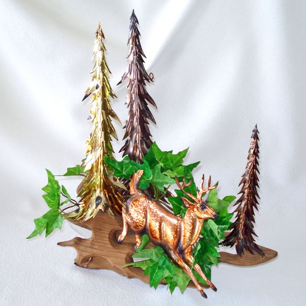 Deer Forest Scene Metal Art Wood Wall Sculpture