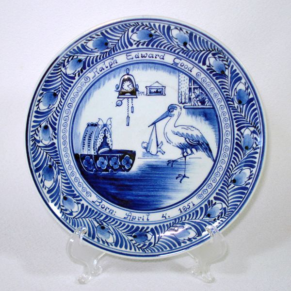 Pair 1950s Delft Birth Plates With Baby and Stork #2
