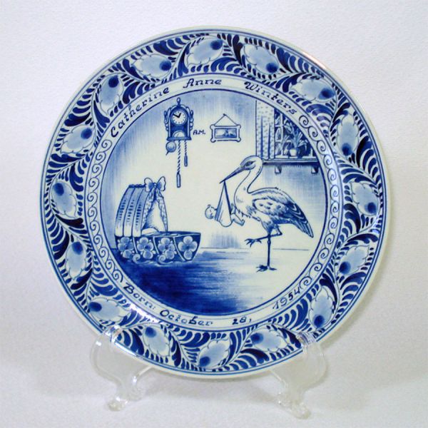 Pair 1950s Delft Birth Plates With Baby and Stork #4