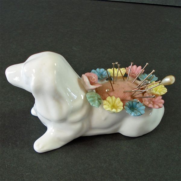 Bone China Dog Pin Cushion Applied Flowers #3