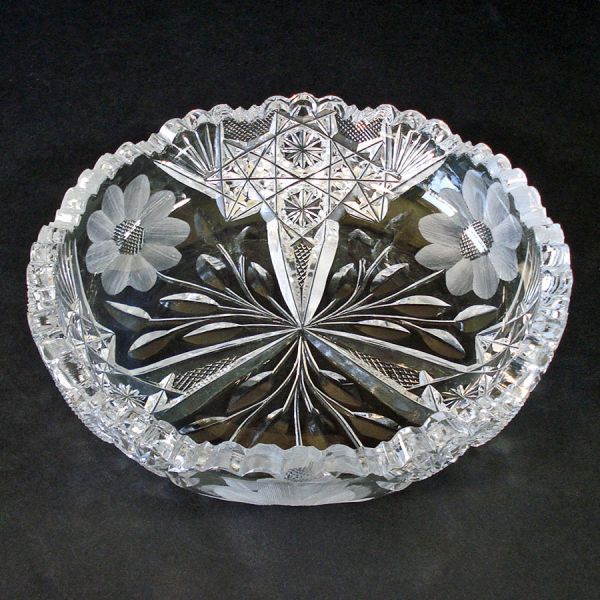 American Brilliant Cut Glass Low Bowl Flowers Etch #2