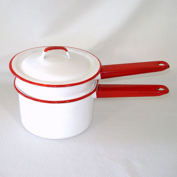 Enamelware Double Boiler Saucepan Red White #2