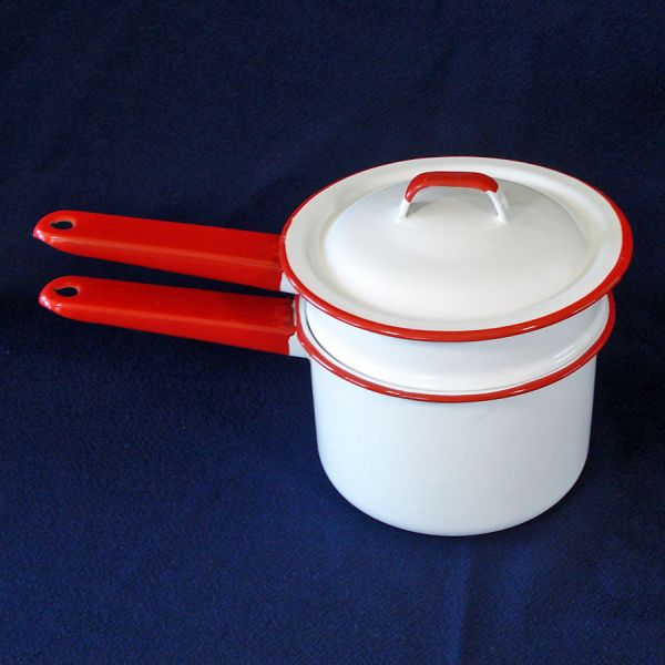 Enamelware Double Boiler Saucepan Red White