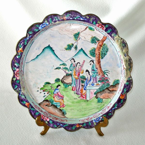 Antique Chinese Canton Enamel on Copper 10 Inch Scenic Plate