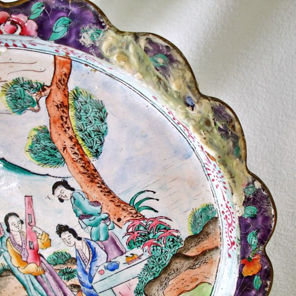 Antique Chinese Canton Enamel on Copper 10 Inch Scenic Plate #3