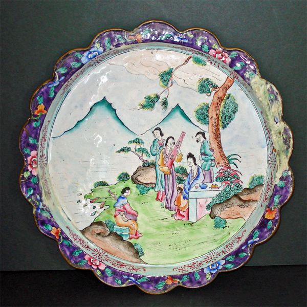 Antique Chinese Canton Enamel on Copper 10 Inch Scenic Plate #7