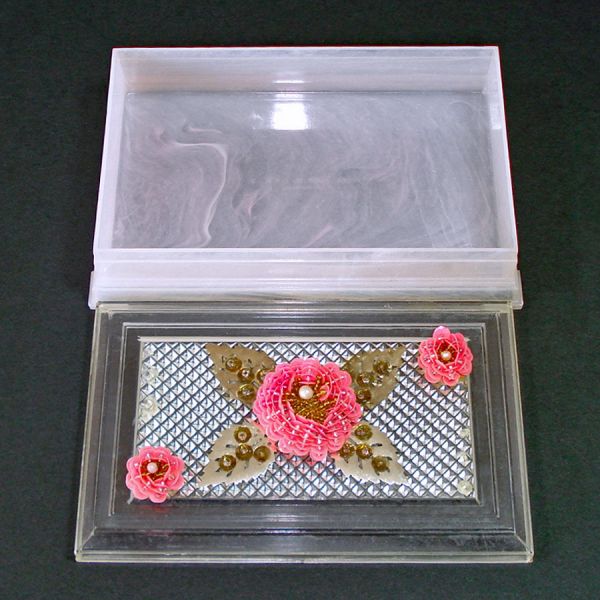 1950s Plastic Trinket Dresser Box Sequin Rose Decoration #3
