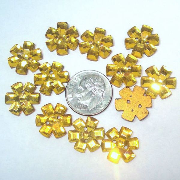 12 Gold Czech Glass Flower Buttons or Sew-On Jewels