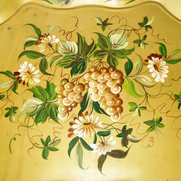 Grapes Flowers 21 Inch Hand Painted Gold Tole Tray #2