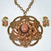 Goldstone and Copper Flower Medallion Necklace and Earrings