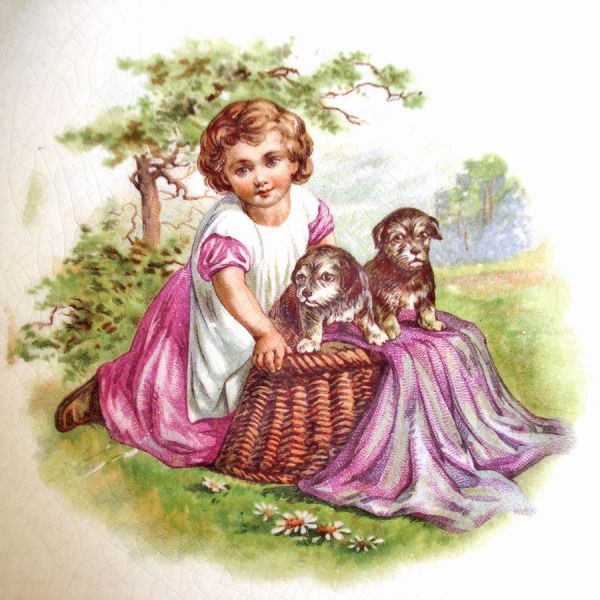 Girl With Puppies Antique Baby Feeding Plate Dish #3