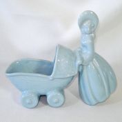 Haeger 1940s Blue Lady Pushing Baby Buggy Nursery Planter