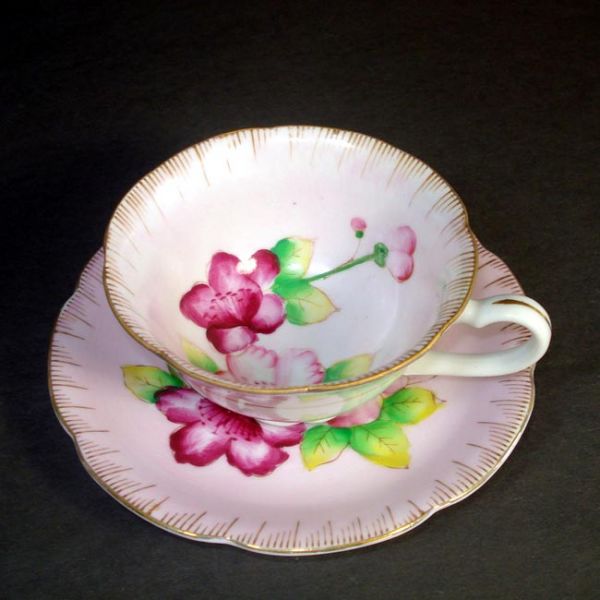 Pink Hibiscus Flower Hand Painted Porcelain Tea Cup and Saucer #1