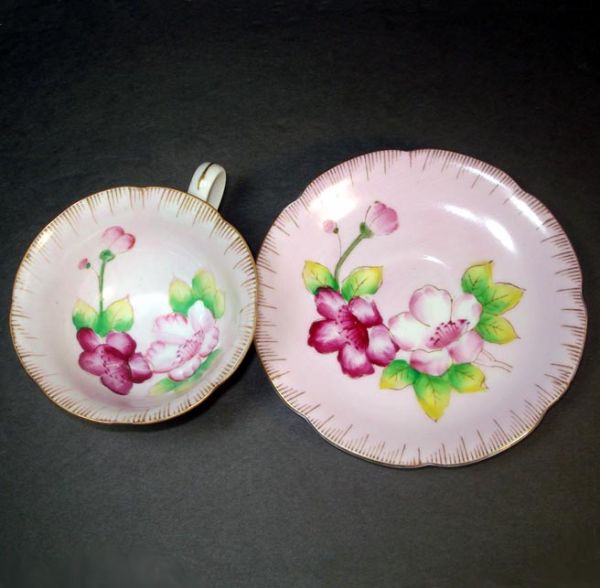 Pink Hibiscus Flower Hand Painted Porcelain Tea Cup and Saucer #3