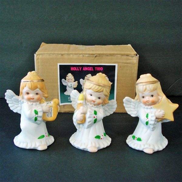 Boxed Set Bisque Christmas Holly Angels Figurines