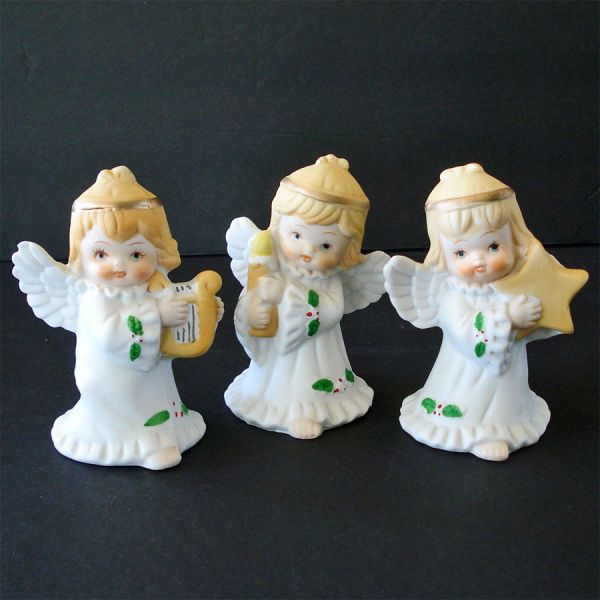 Boxed Set Bisque Christmas Holly Angels Figurines #2