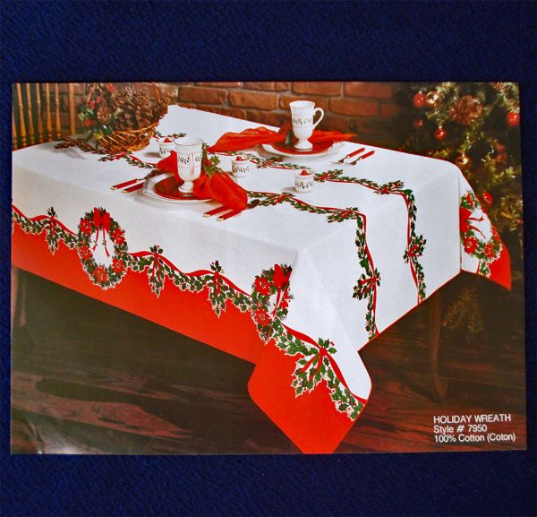 Christmas Holly Berries Red Ribbons Tablecloth 60 by 84 Sealed Mint #3