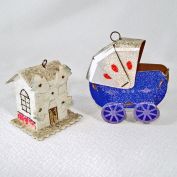 1930s USA Buggy, Czech Mica Cardboard House Christmas Ornaments