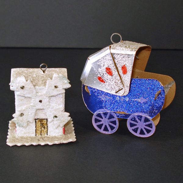 1930s USA Buggy, Czech Mica Cardboard House Christmas Ornaments #5