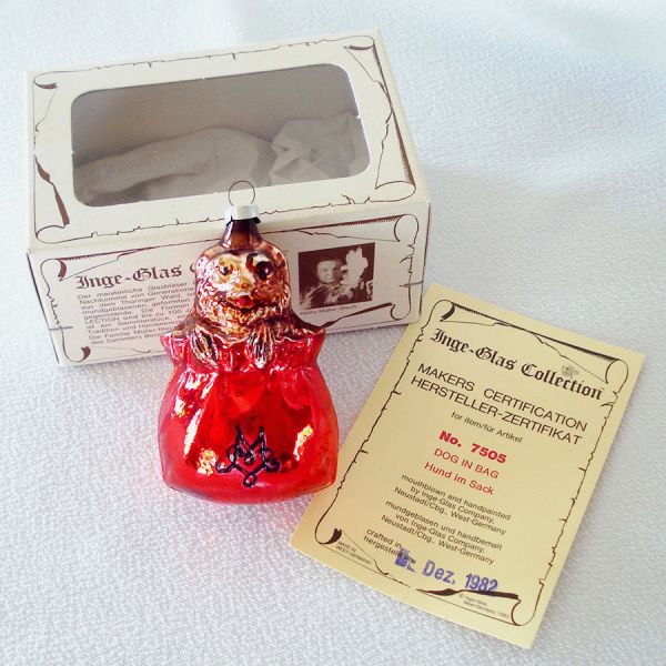 Inge Dog in Bag 1982 Glass Christmas Ornament Mint in Box