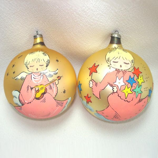 1960s Italy Large Glass Christmas Ornaments Painted Pink Angels #1