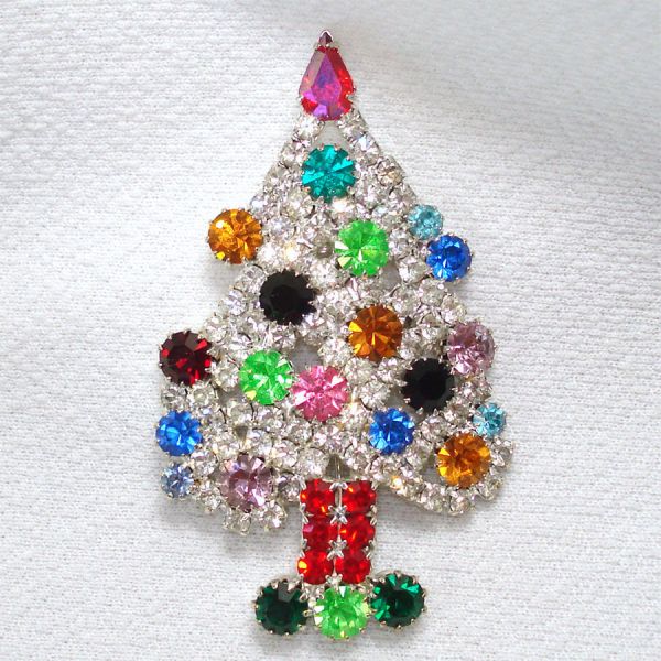 Colorful Kenneth Lane KJL Rhinestone Christmas Tree Brooch