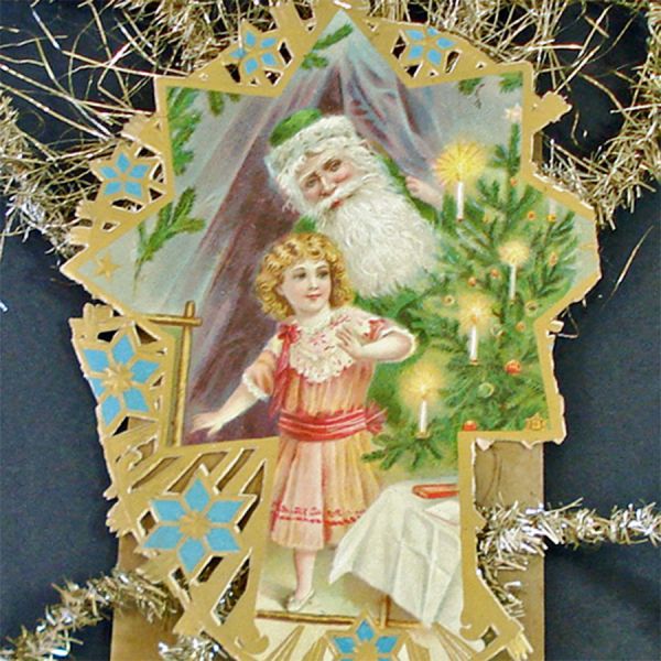 Antique Tinsel Scrap Christmas Ornament Santa Little Girl #2