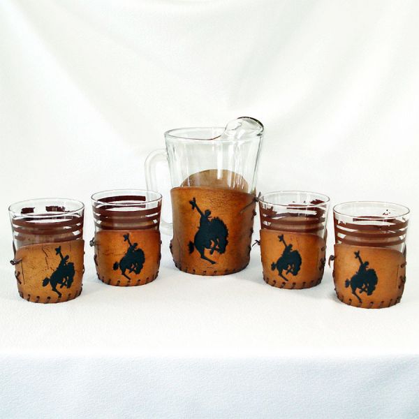 Libbey Rodeo Cowboy Leather Wrap Glass Beer Set