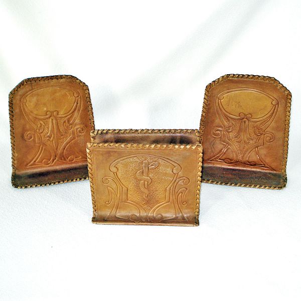 Arts Crafts Era Leather Bookends And Letter Holder