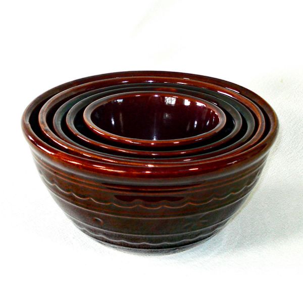 Marcrest Brown Daisy Dot Stoneware Set 5 Mixing Bowls