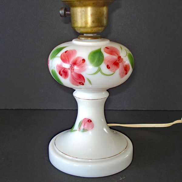 Pink Flowers Milk Glass Boudoir Table Lamp #3