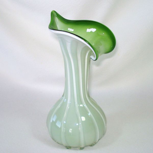 Art Glass Cased Green White Flower Form Vase #6
