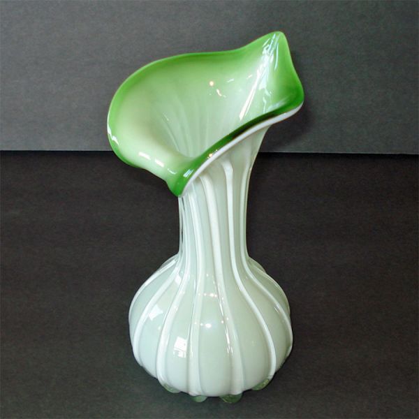 Art Glass Cased Green White Flower Form Vase #2