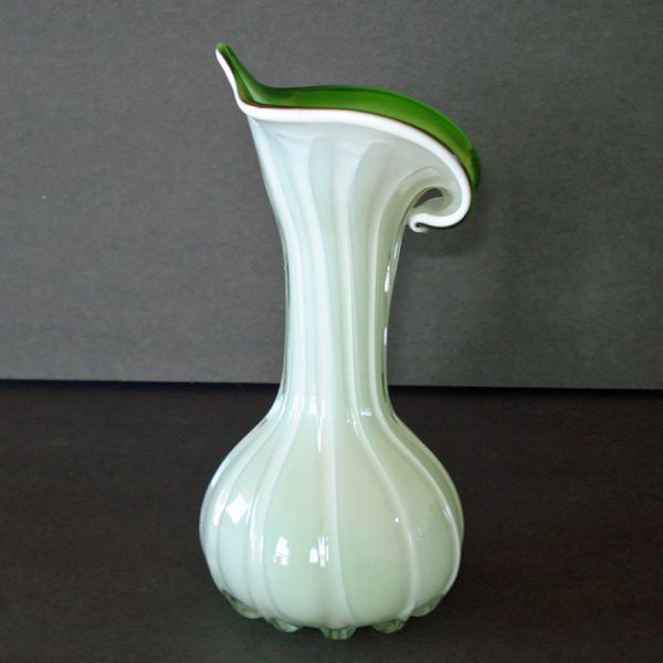 Art Glass Cased Green White Flower Form Vase #3