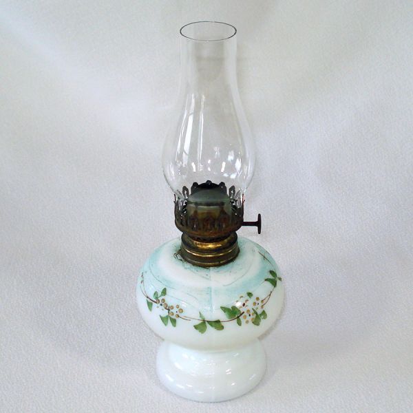 Antique Minature Oil Kerosene Lamp Painted Flowers Milk Glass #2