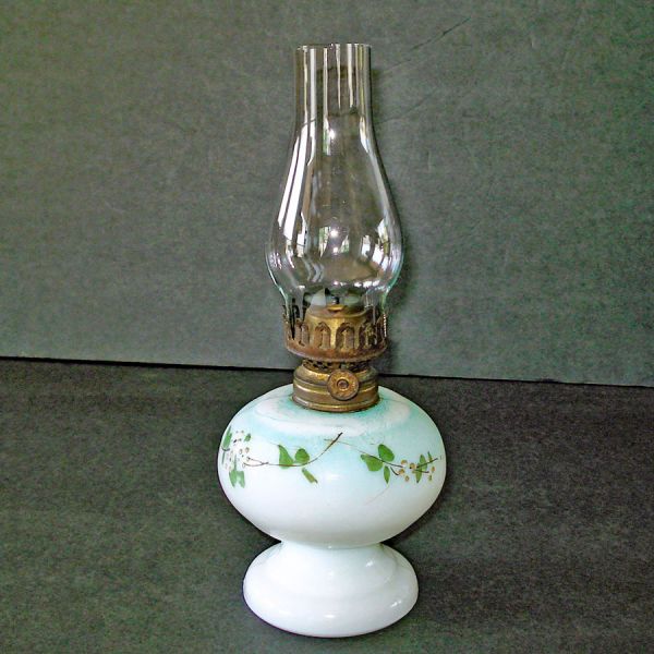 Antique Minature Oil Kerosene Lamp Painted Flowers Milk Glass #3