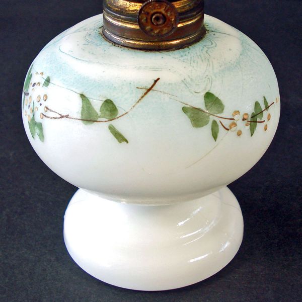 Antique Minature Oil Kerosene Lamp Painted Flowers Milk Glass #5