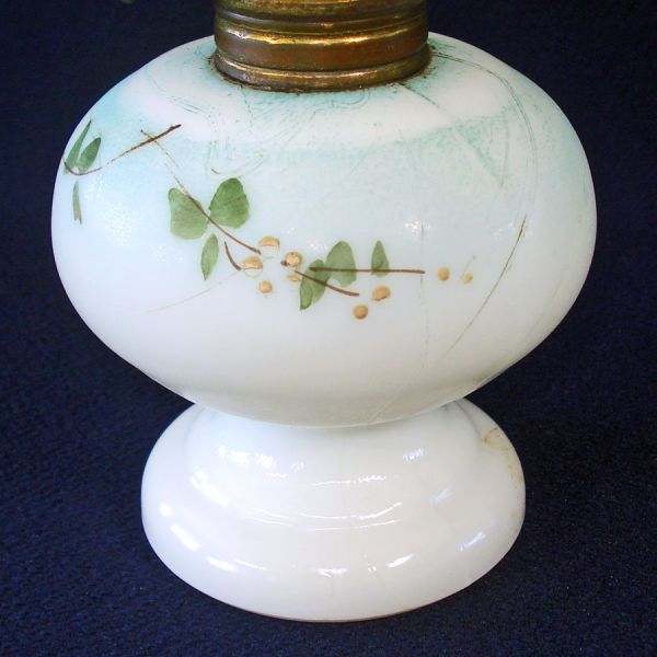 Antique Minature Oil Kerosene Lamp Painted Flowers Milk Glass #6