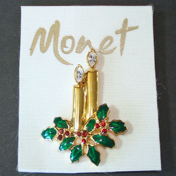 Monet Christmas Candles Rhinestones Brooch Pin on Card #4