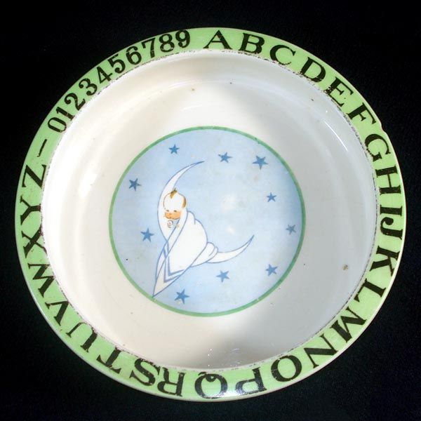 1930s Pottery Baby in Moon Childs ABC Feeding Bowl Dish #1