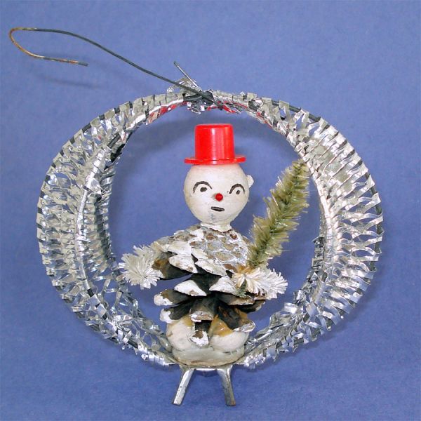 Compo Pinecone Snowman in Mesh Frame Christmas Ornament