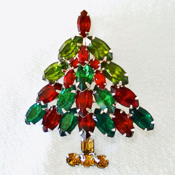 Napier Red Green Rhinestone Christmas Tree Pin Brooch