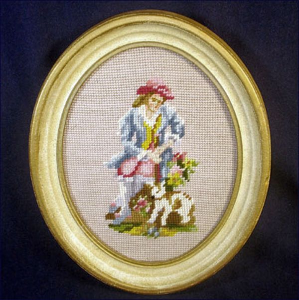 Pair Oval Renaissance Couple Needlepoint Pictures #2