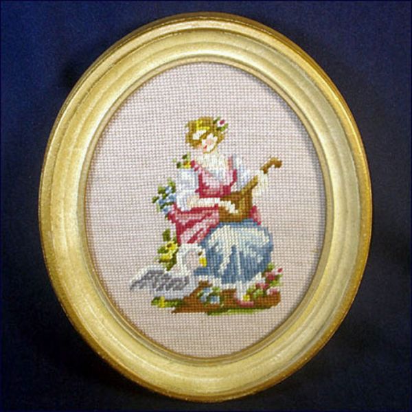 Pair Oval Renaissance Couple Needlepoint Pictures #3