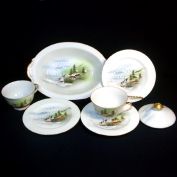 6 Pieces Oriental Landscape Scene Porcelain China Cups Plates Bowl
