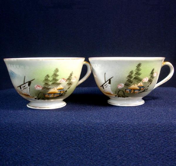 6 Pieces Oriental Landscape Scene Porcelain China Cups Plates Bowl #4